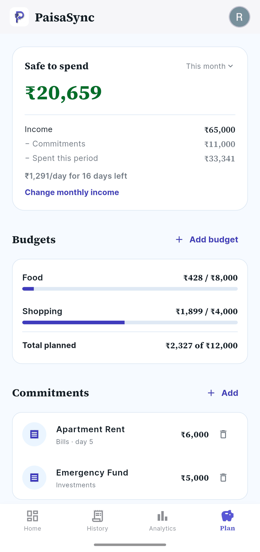 PaisaSync budget screen with safe-to-spend amount and commitments