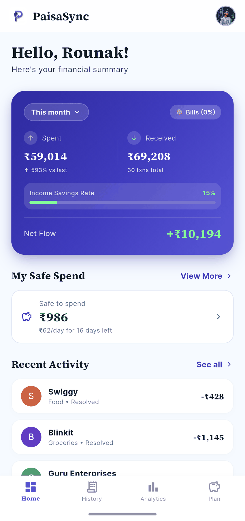 PaisaSync dashboard showing safe-to-spend money and recent activity