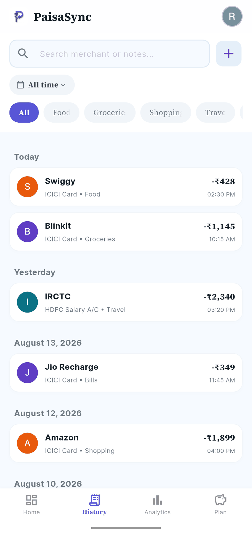 PaisaSync transaction history showing automatically captured transactions grouped by day and category