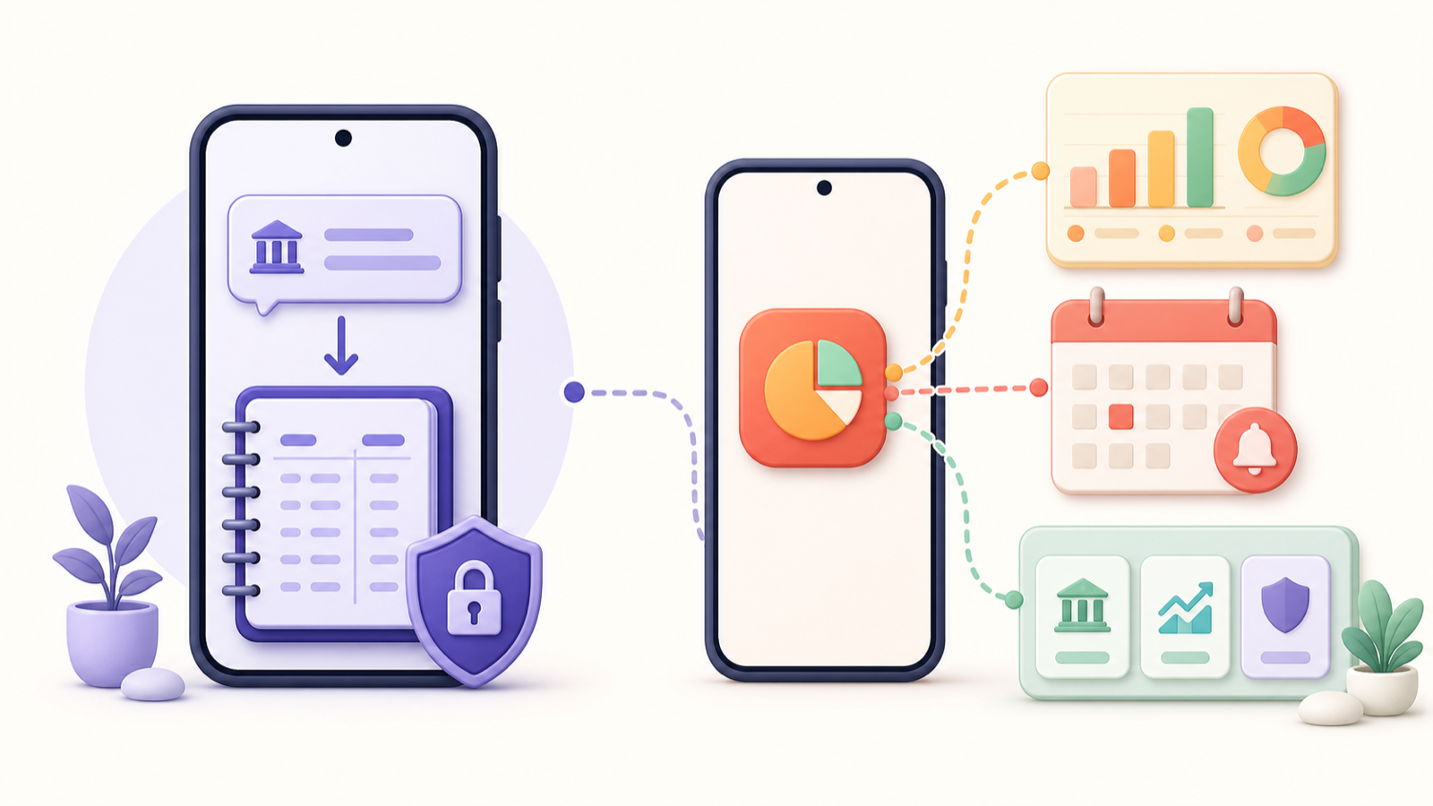 A focused private phone-based expense tracker alongside a broader finance app with analytics, bills and product cards