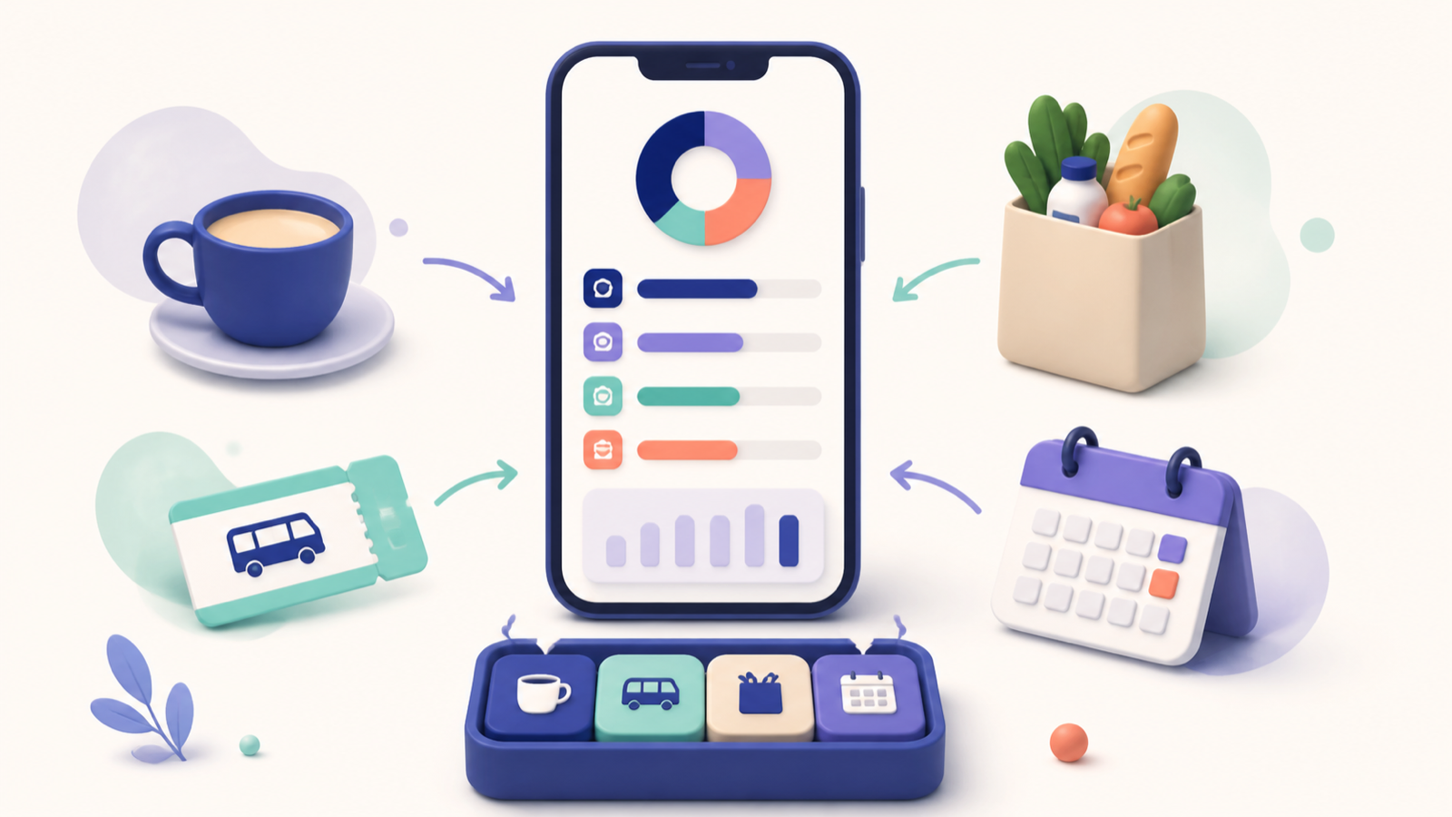 A simple weekly budget view on a phone surrounded by coffee, transport, groceries and a bill reminder