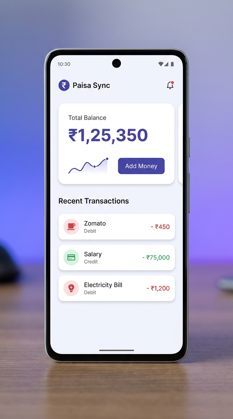 Paisa Sync app showing total balance and recent transactions on an Android phone